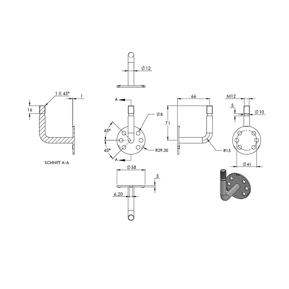 Handlaufhalter zur Wandbefestigung, mit verschweißter 60 x 3mm Ronde und Clip-Rosette, mit Außengewinde M12