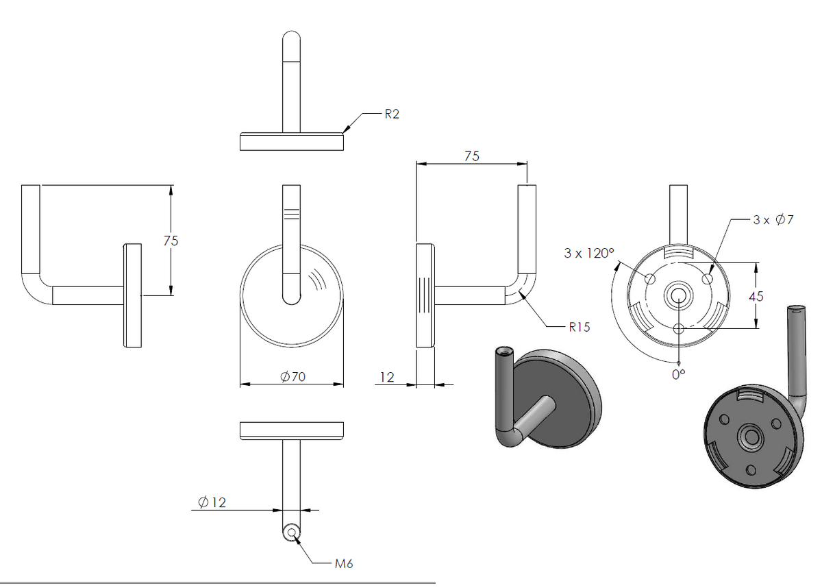 Handlaufhalter zur Wandbefestigung, mit verschweißter 70 x 2mm Ronde und Clip-Rosette, mit Innengewinde M6