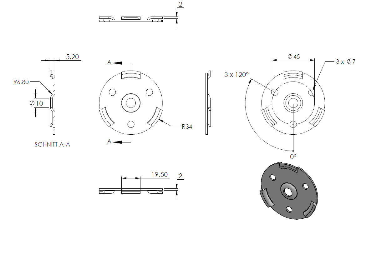 Handlaufhalter zur Wandbefestigung, mit verschweißter 70 x 2mm Ronde und Clip-Rosette, mit Innengewinde M6