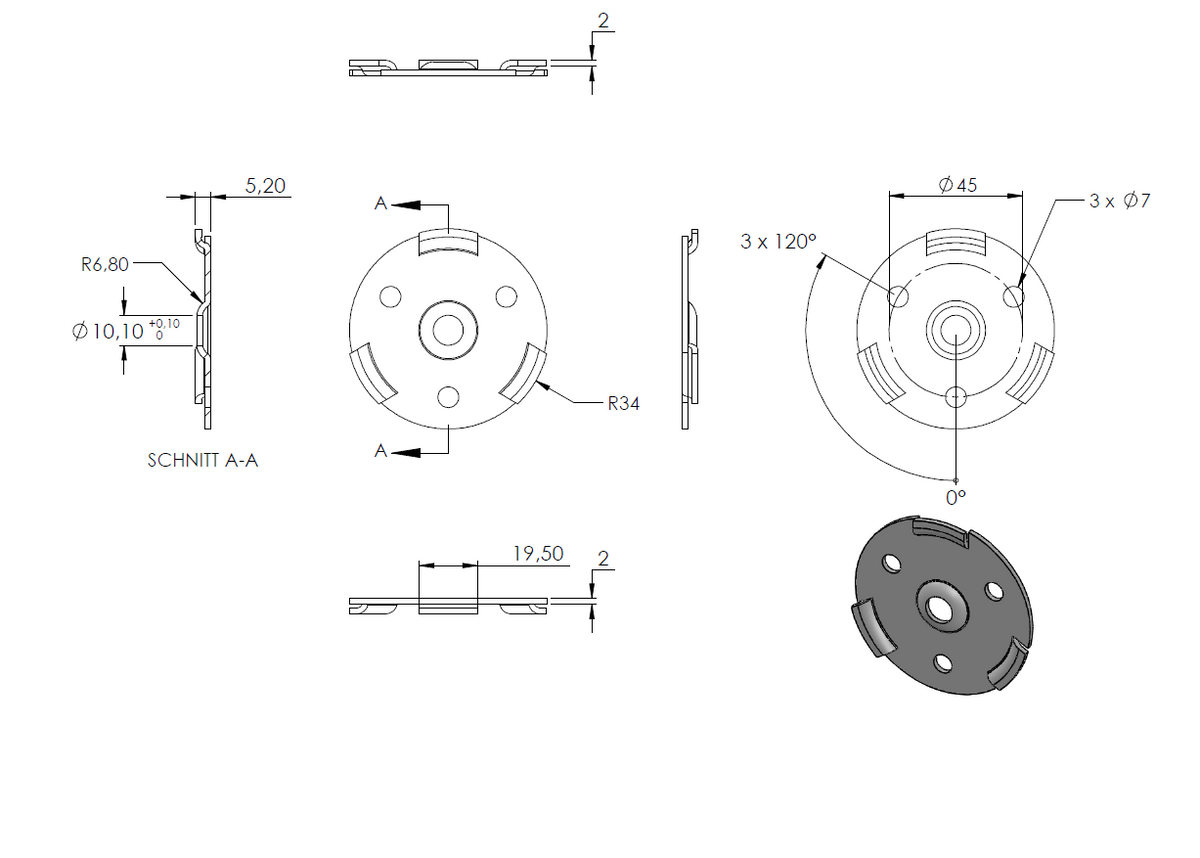 Handlaufhalter flexibel zur Wandbefestigung, mit verschweißter 70 x 2mm Ronde und Clip-Rosette, mit Innengewinde M6