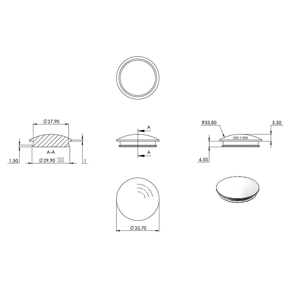 Endkappe leicht gewölbt mit Nase, massiv, für Rohr ø 33,7 x 2,0mm, zum Einschlagen