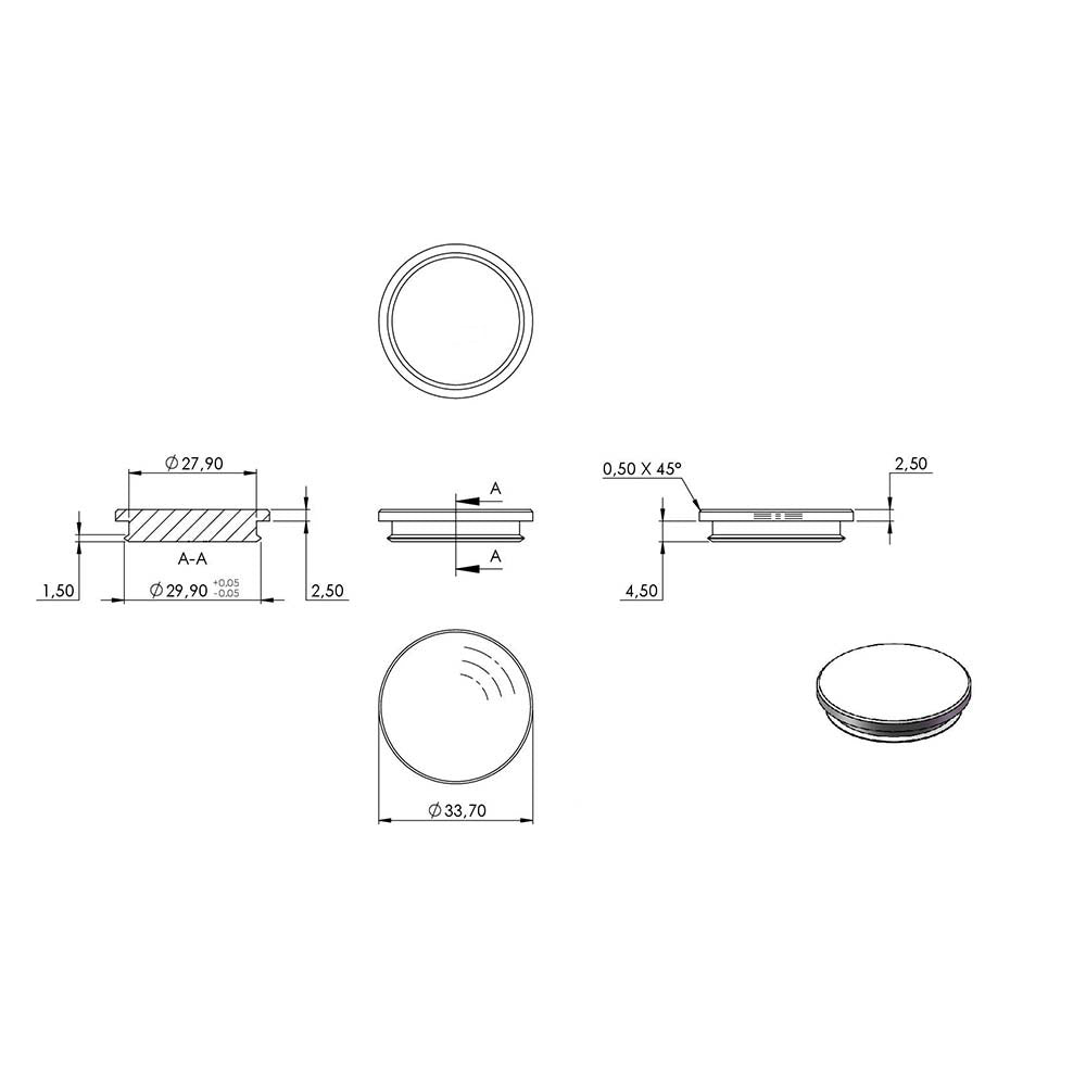 Endkappe flach mit Nase, massiv, für Rohr ø 33,7 x 2,0mm, zum Einschlagen