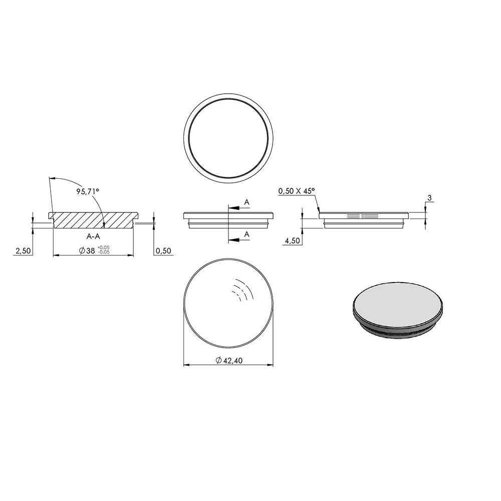 Endkappe flach (unten verjüngt), für Rohr ø 42,4 x 2,6mm, massiv mit Nase, zum Einschlagen