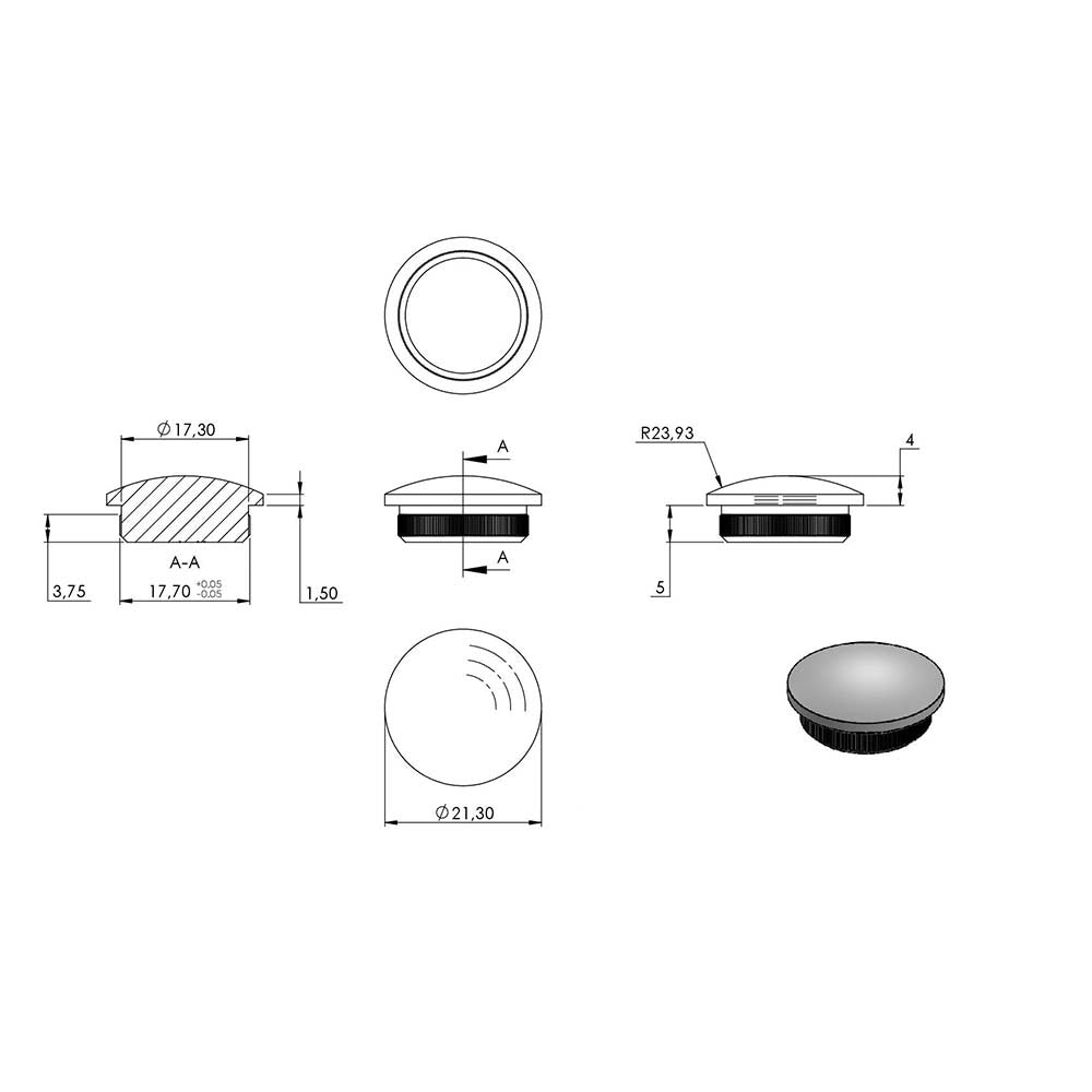 Endkappe leicht gewölbt (dünn), massiv, für Rohr ø 21,3 x 2,0mm, zum Einschlagen