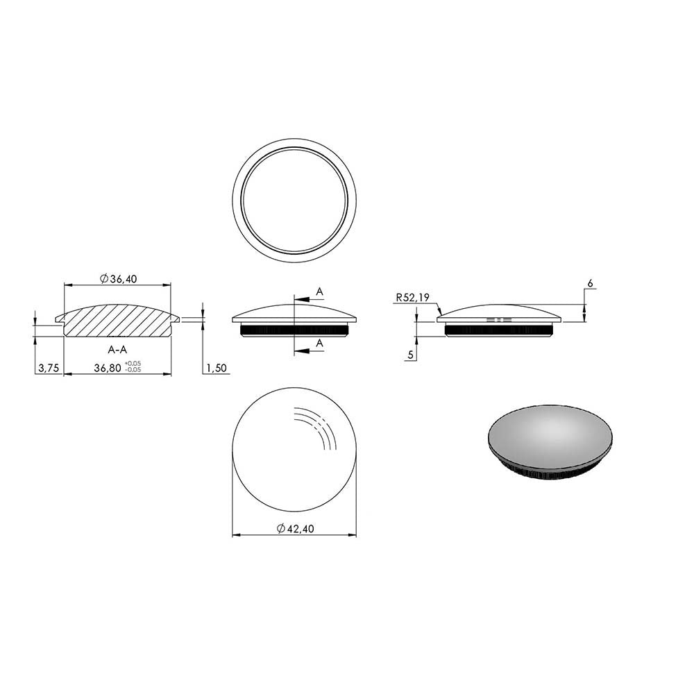 Endkappe leicht gewölbt (dünn), massiv, für Rohr ø 42,4 x 3,0mm, zum Einschlagen