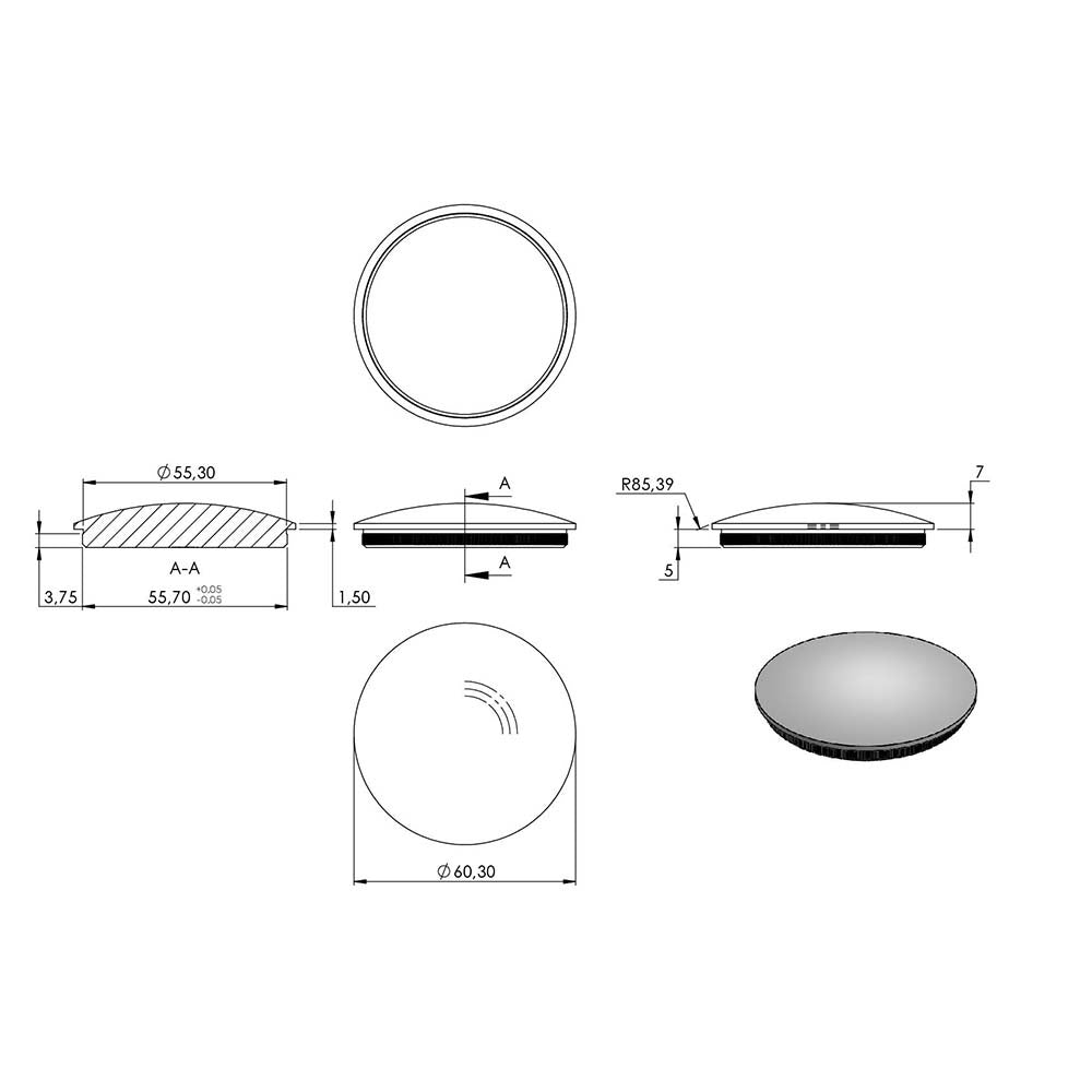 Endkappe leicht gewölbt (dünn), massiv, für Rohr ø 60,3 x 2,6mm, zum Einschlagen