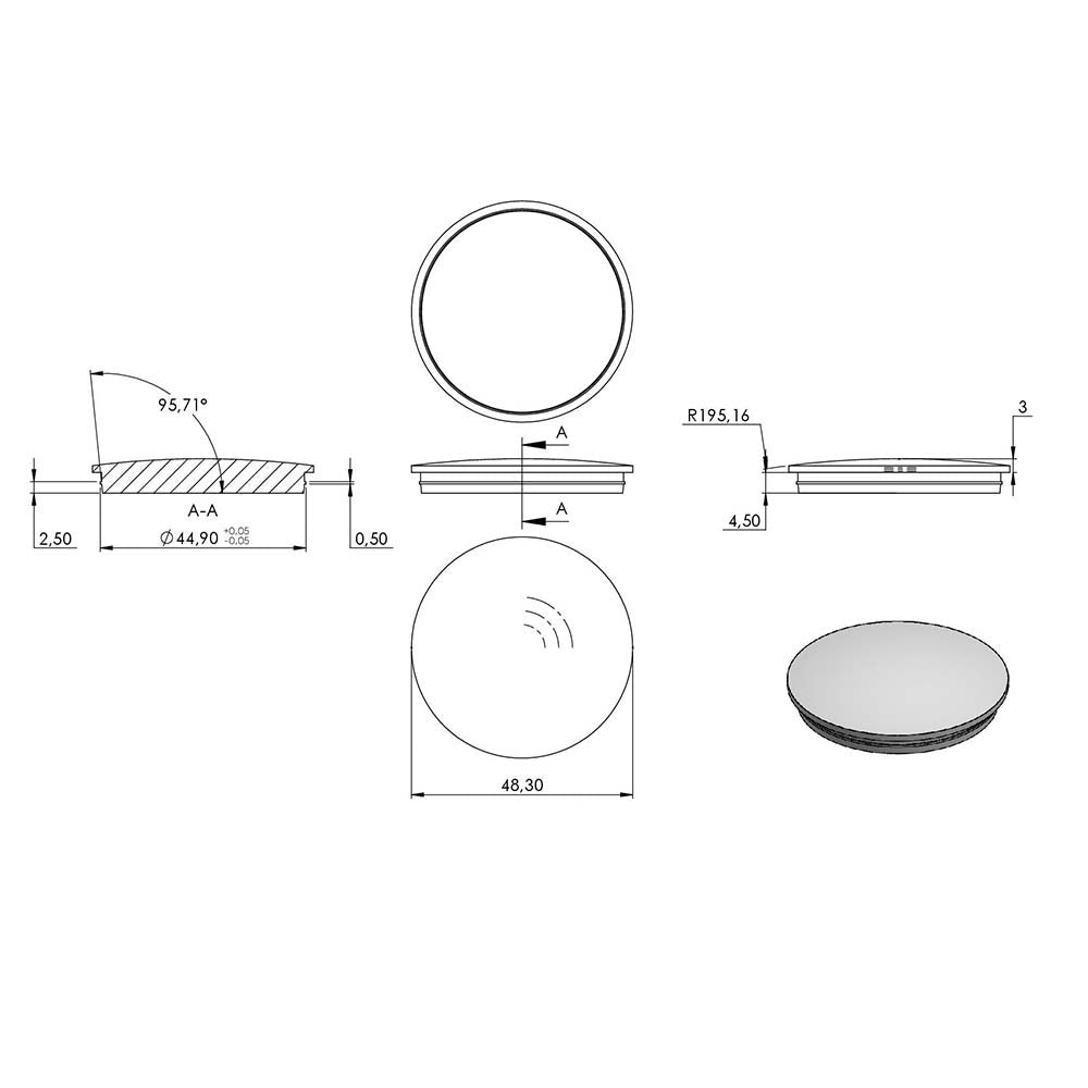 Endkappe leicht gewölbt (unten verjüngt), für Rohr ø 48,3 x 2,0mm, massiv mit Nase, zum Einschlagen