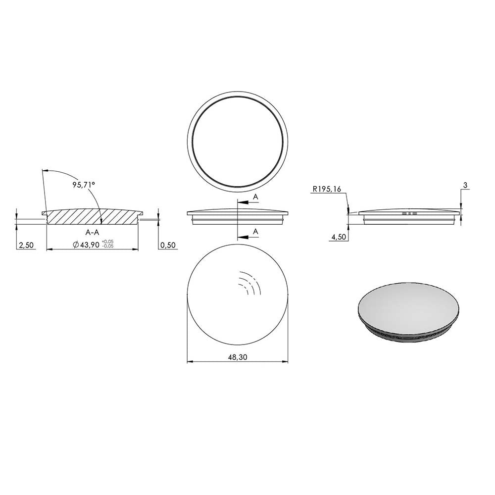 Endkappe leicht gewölbt (unten verjüngt), für Rohr ø 48,3 x 2,6mm, massiv mit Nase, zum Einschlagen