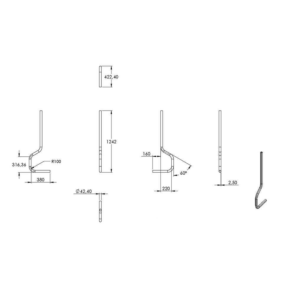 Pfosten gebogen, Variante 1, Rohr ø 42,4mm x 2,5mm, aus V2A Edelstahl