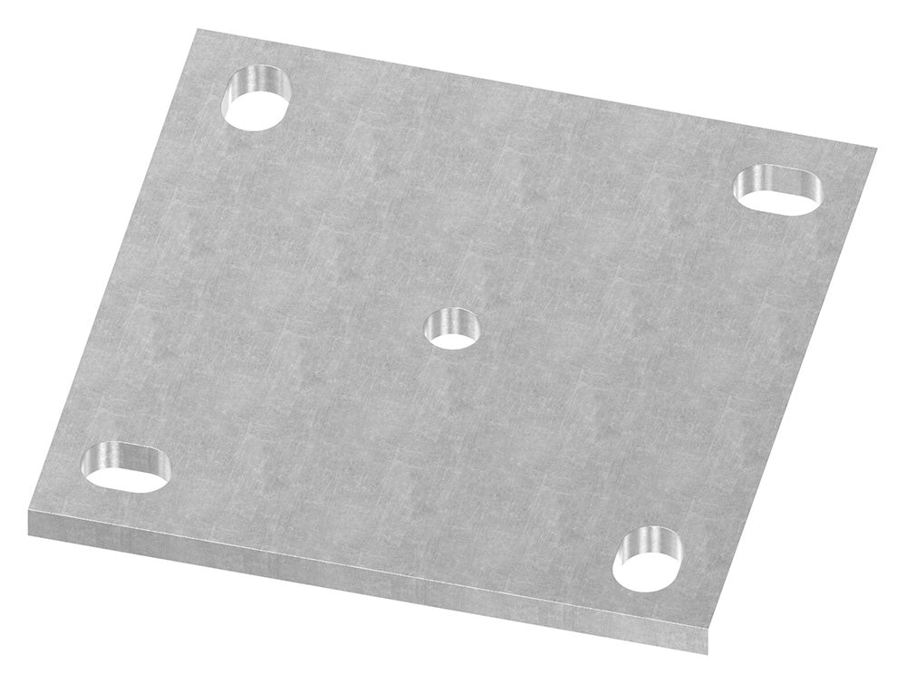 Ankerplatte 150 x 150mm, Stärke 8mm, mit vier 14 x 20mm Langlöcher und ø 12,5mm Mittelbohrung, gelasert, Stahl roh