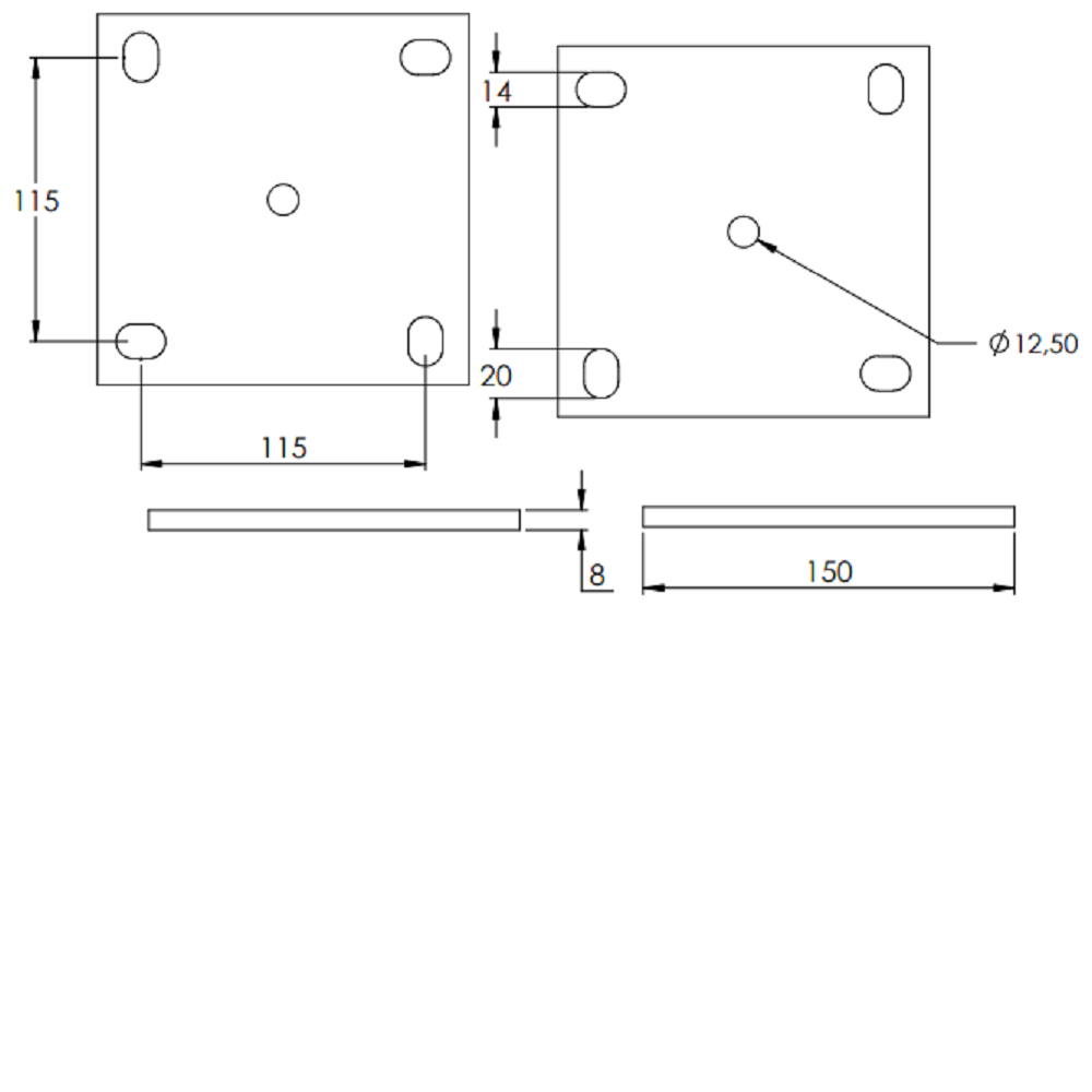 Ankerplatte 150 x 150mm, Stärke 8mm, mit vier 14 x 20mm Langlöcher und ø 12,5mm Mittelbohrung, gelasert, Stahl roh