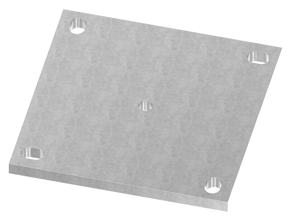 Ankerplatte 200 x 200mm, Stärke 12mm, mit vier 14 x 20mm Langlöcher und ø 12,5mm Mittelbohrung, gelasert, Stahl roh