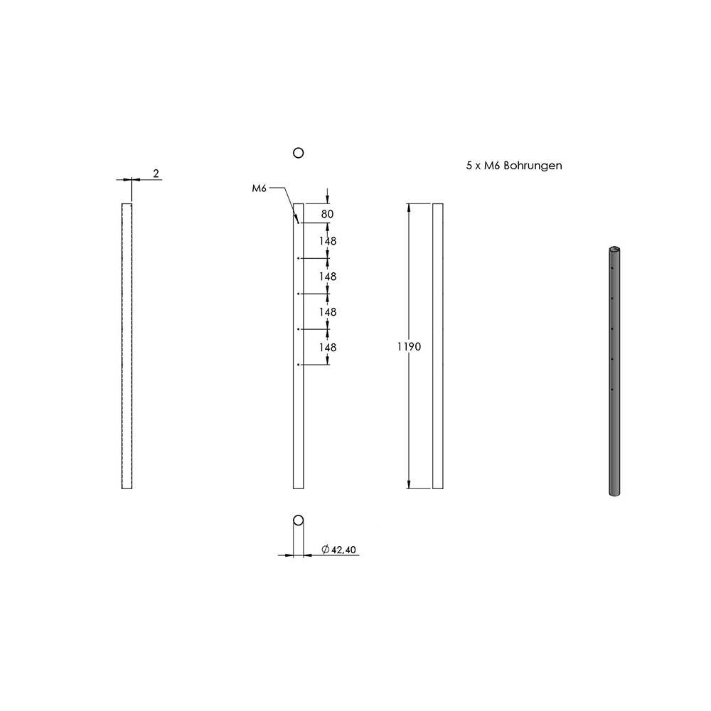 Geländerpfosten ø 42,4 x 2,0mm, mit fünf M6 Fließformgewinden, Länge 1190mm aus V2A Edelstahl