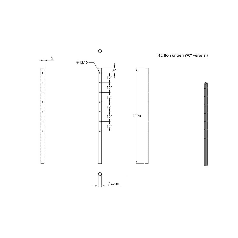 Geländerpfosten ø 42,4 x 2,0mm, mit sieben ø 12mm 90° Bohrungen, Länge 1190mm aus V2A Edelstahl