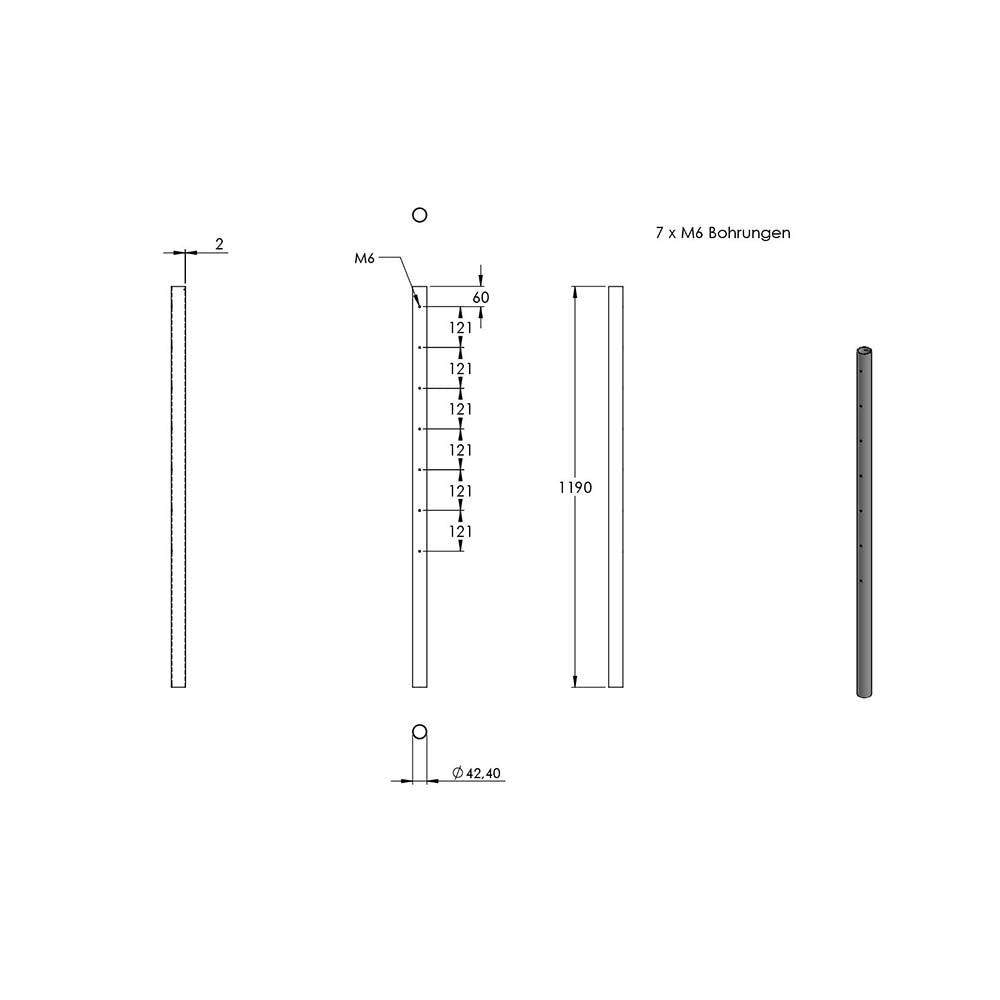 Geländerpfosten ø 42,4 x 2,0mm, mit sieben M6 Fließformgewinden, Länge 1190mm aus V2A Edelstahl
