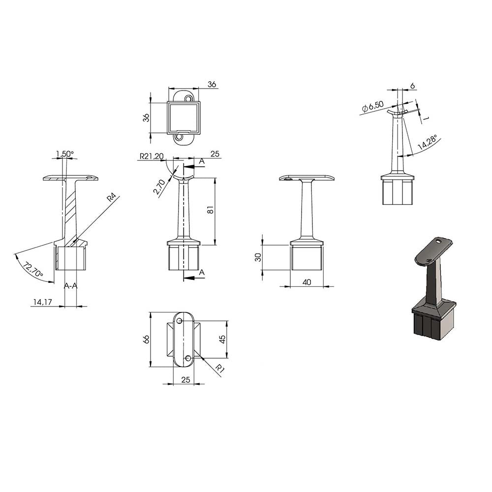 Handlaufstütze für 40 x 40 x 2,0mm Pfosten, mit Halteplatte für ø 42,4mm Handlauf