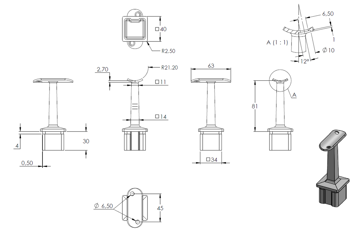 Handlaufstütze für 40 x 40 x 3,0mm Pfosten, mit Halteplatte für ø 42,4mm Handlauf