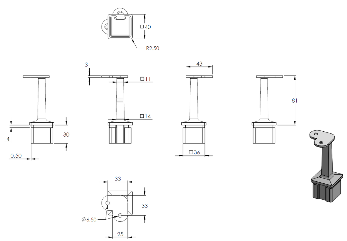 90° Handlaufstütze für 40 x 40 x 2,0mm Pfosten, mit Halteplatte für Vierkant-Handlauf