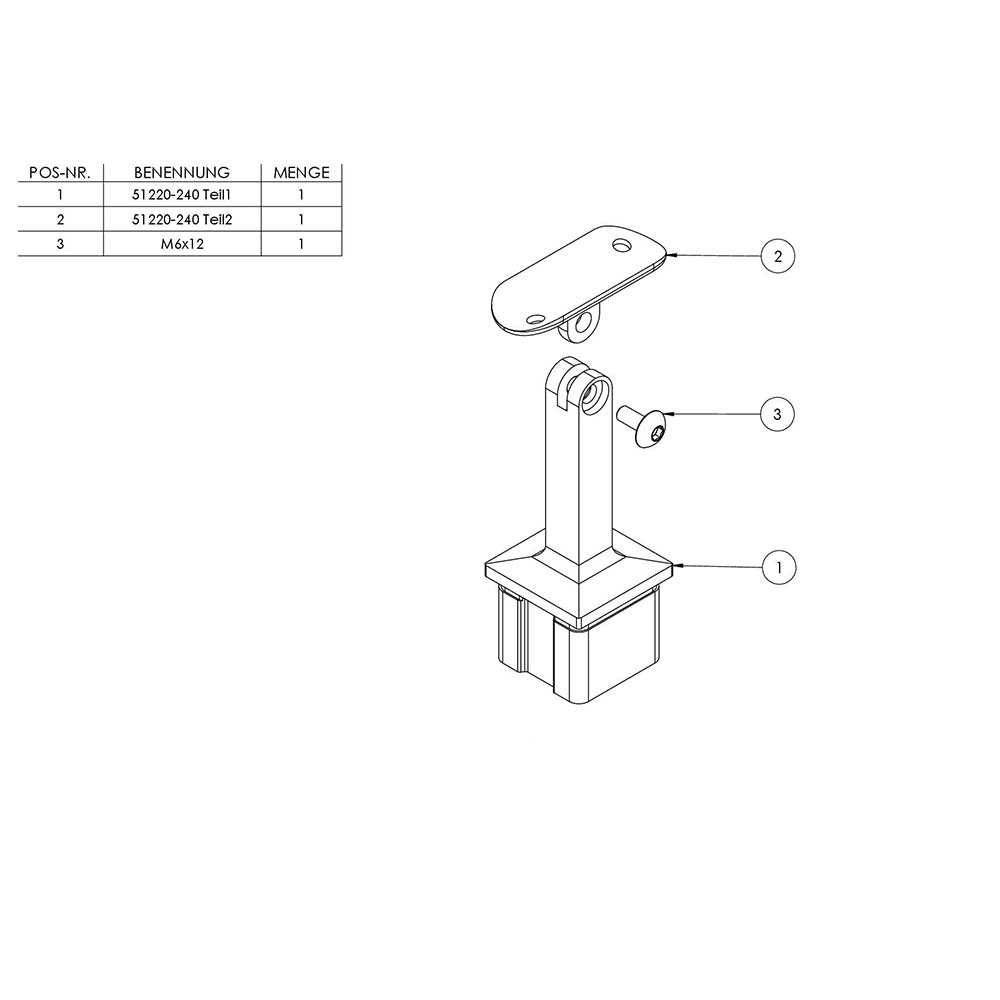 Handlaufstütze mit Gelenk für 40 x 40 x 2,0mm Pfosten, mit Halteplatte für ø 42,4mm Handlauf