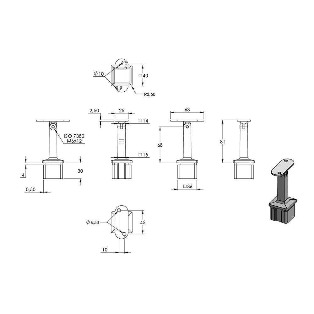 Handlaufstütze mit Gelenk für 40 x 40 x 2,0mm Pfosten, mit Halteplatte für Vierkant-Handlauf