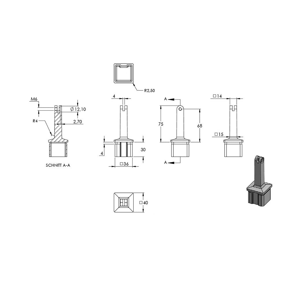 Handlaufstütze mit Gelenk für 40 x 40 x 2,0mm Pfosten, mit Halteplatte für Vierkant-Handlauf