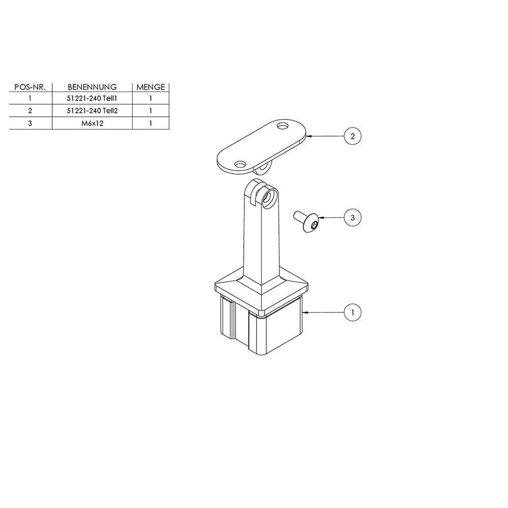 Handlaufstütze mit Gelenk für 40 x 40 x 2,0mm Pfosten, mit Halteplatte für Vierkant-Handlauf