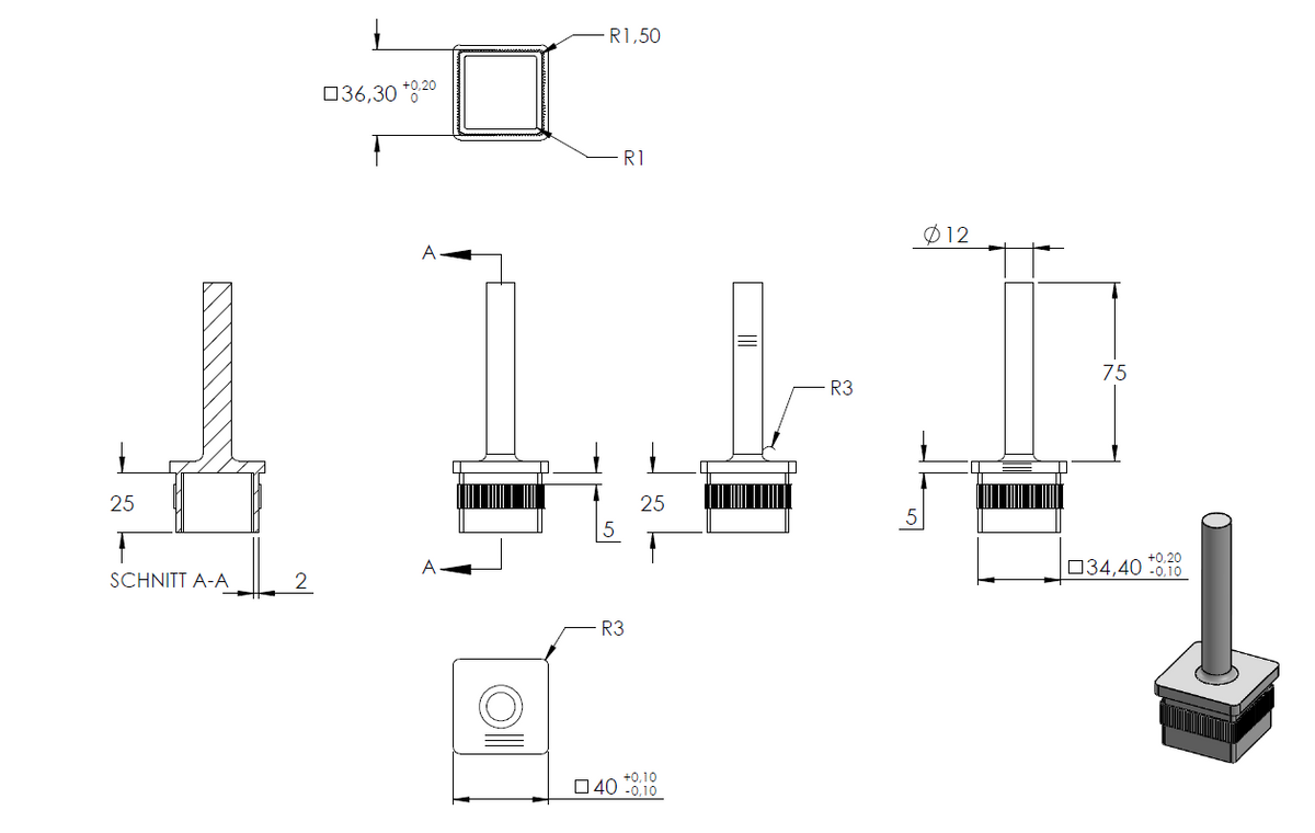 Handlaufstütze zum Einschlagen für 40 x 40 x 2,0mm Rohr, zum Anschweißen an Handlauf, Höhe 80mm