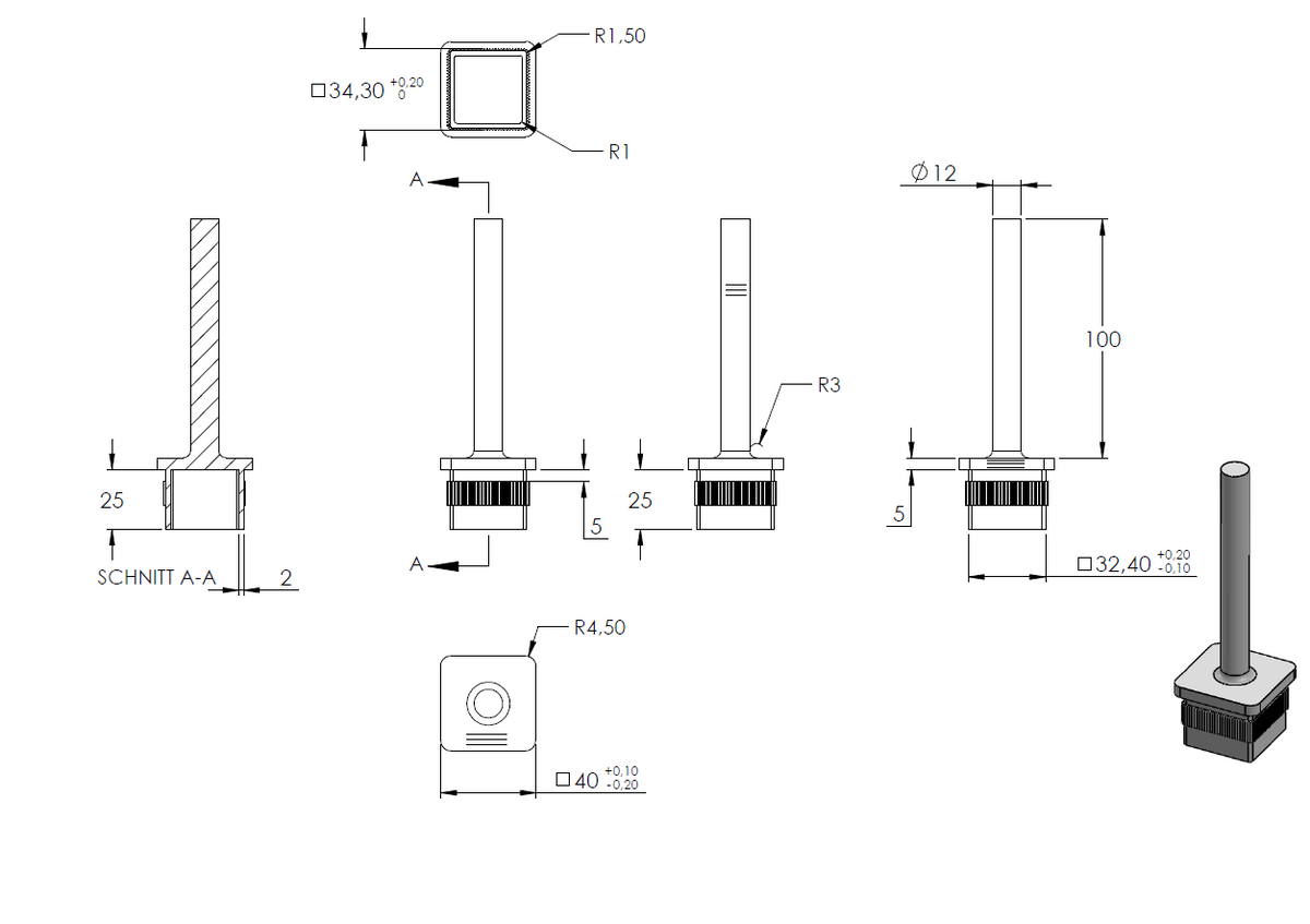 Handlaufstütze zum Einschlagen für 40 x 40 x 3,0mm Rohr, zum Anschweißen an Handlauf, Höhe 105mm