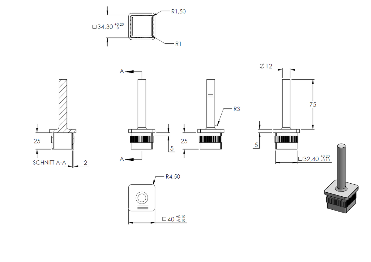 Handlaufstütze zum Einschlagen für 40 x 40 x 3,0mm Rohr, zum Anschweißen an Handlauf, Höhe 80mm