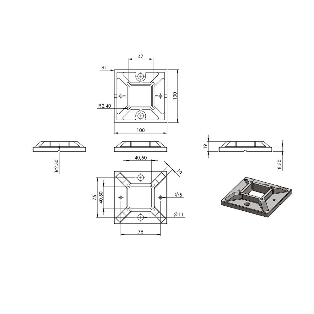 Ankerplatte 100 x 100 x 6mm, mit 2 x ø 11mm und 2 x ø 5mm Bohrung, für Rohr 40 x 40mm