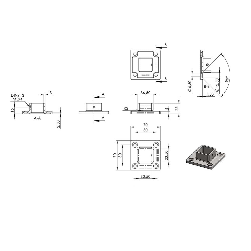 Wandflansch/Bodenanker, Platte ø 70 x 70 x 6mm, für Rohr 30 x 30 x 2mm mit Madenschraube seitlich