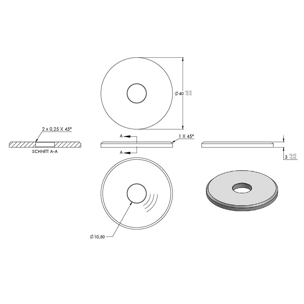 Beilagscheibe, Durchmesser ø 40mm, Stärke 3mm, mit Bohrung 10,5mm in V2A