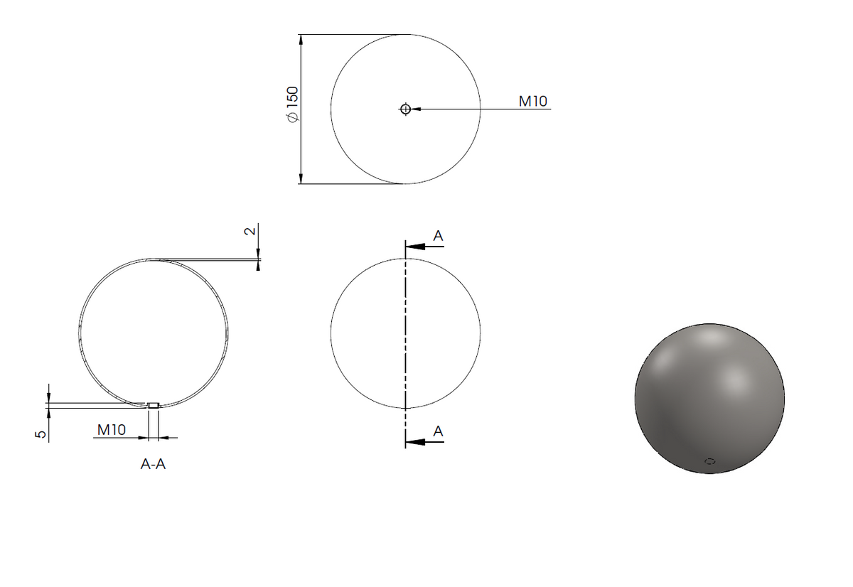 Edelstahlkugel hohl ø 150mm, mit M10 Gewinde