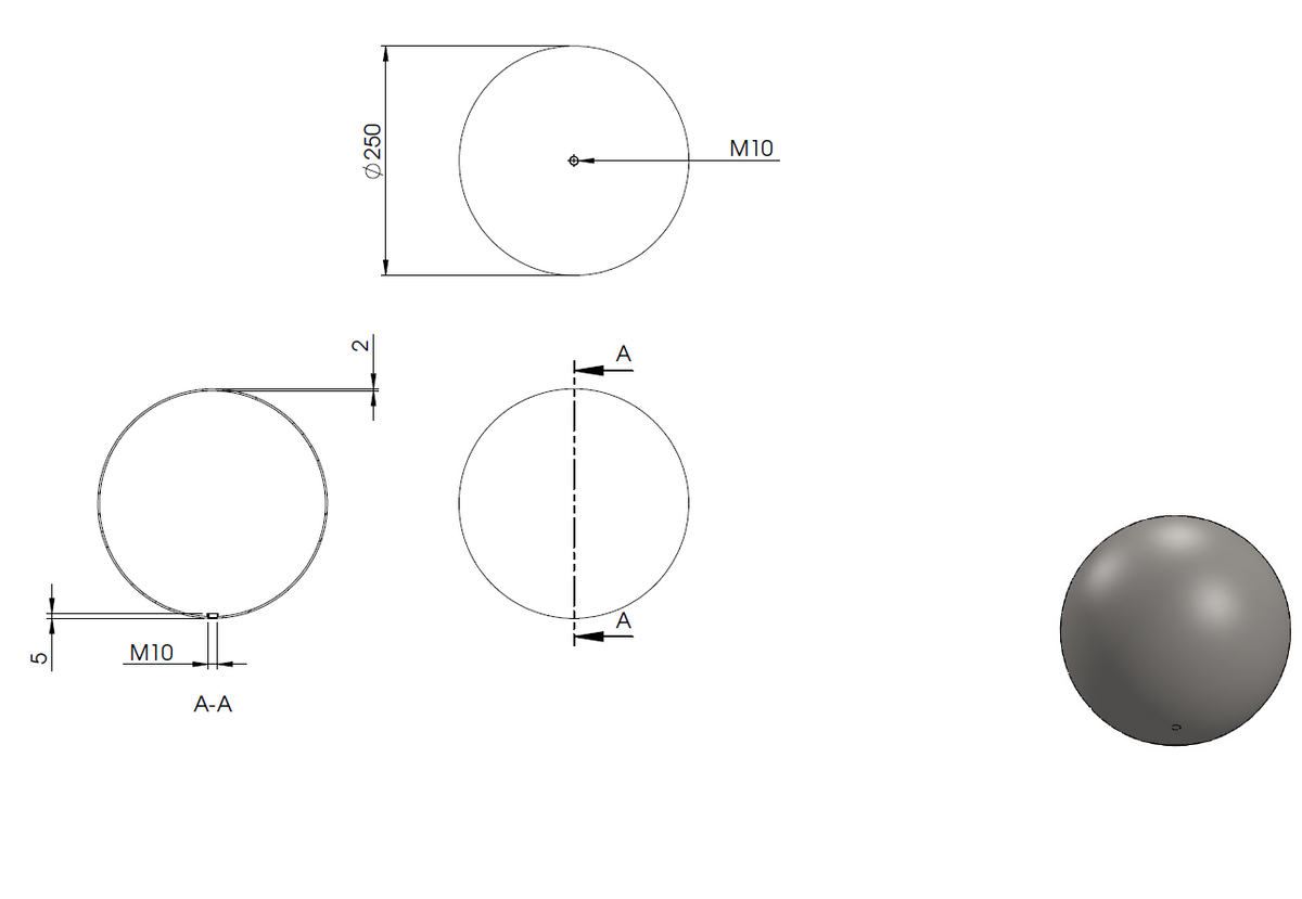 Edelstahlkugel hohl ø 250mm, mit M10 Gewinde