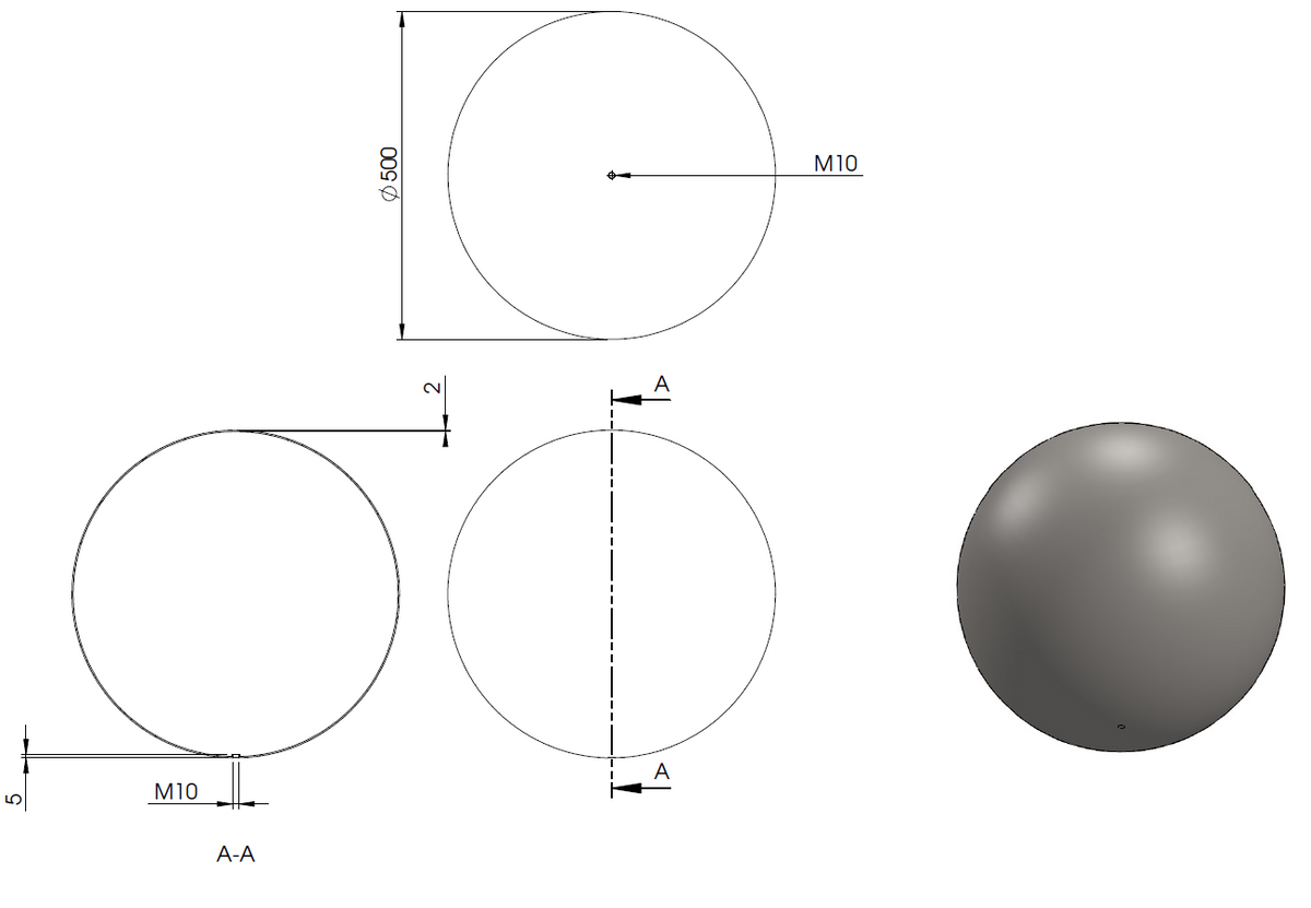 Edelstahlkugel hohl ø 500mm, mit M10 Gewinde