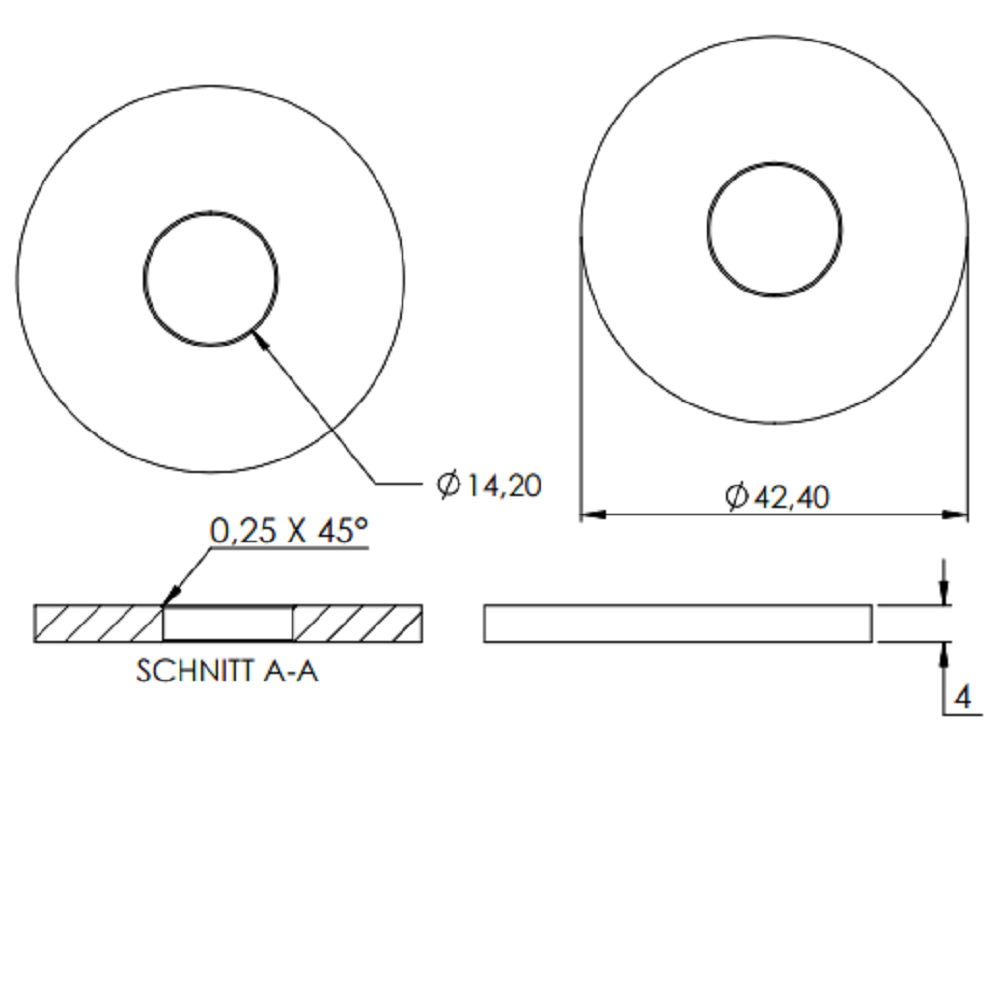 Ronde ø 42,4mm, Stärke 4mm, mit ø 14,1mm Mittelbohrung, gelasert, Stahl roh
