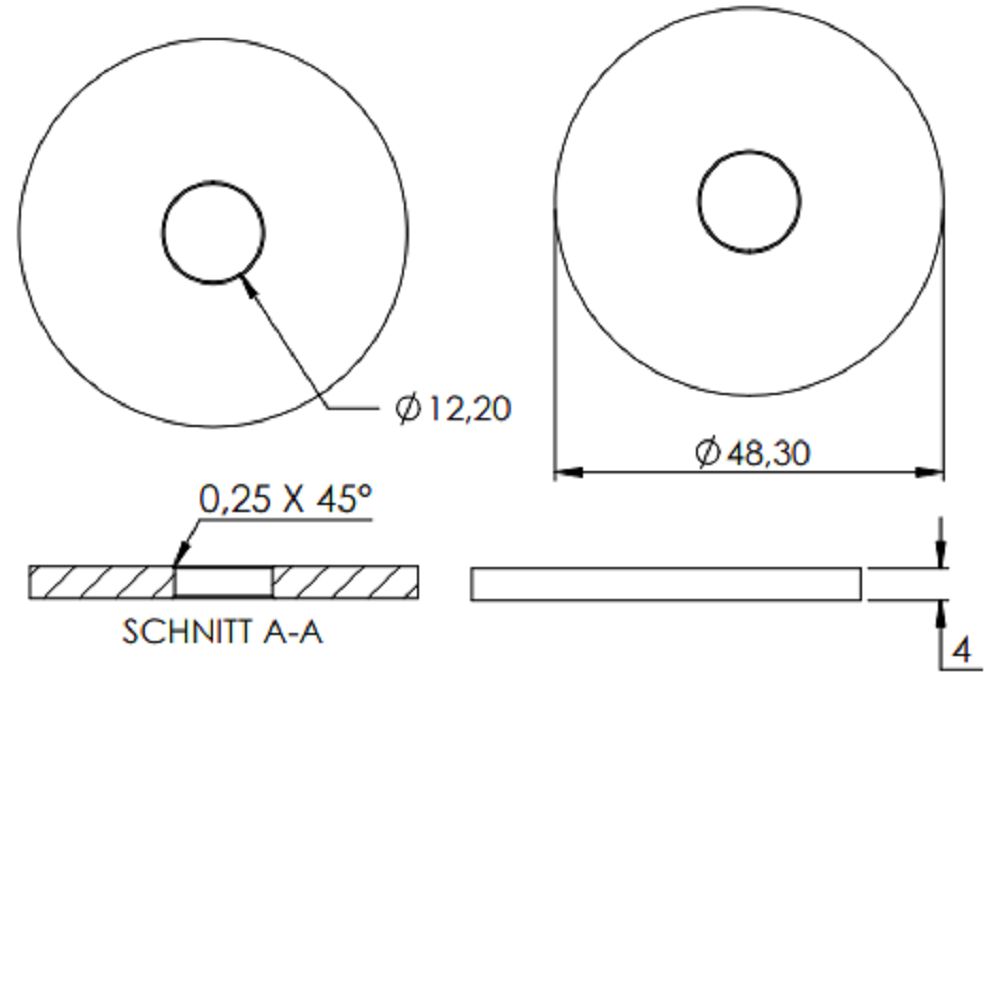 Ronde ø 48,3mm, Stärke 4mm, mit ø 12,1mm Mittelbohrung, gelasert, Stahl roh