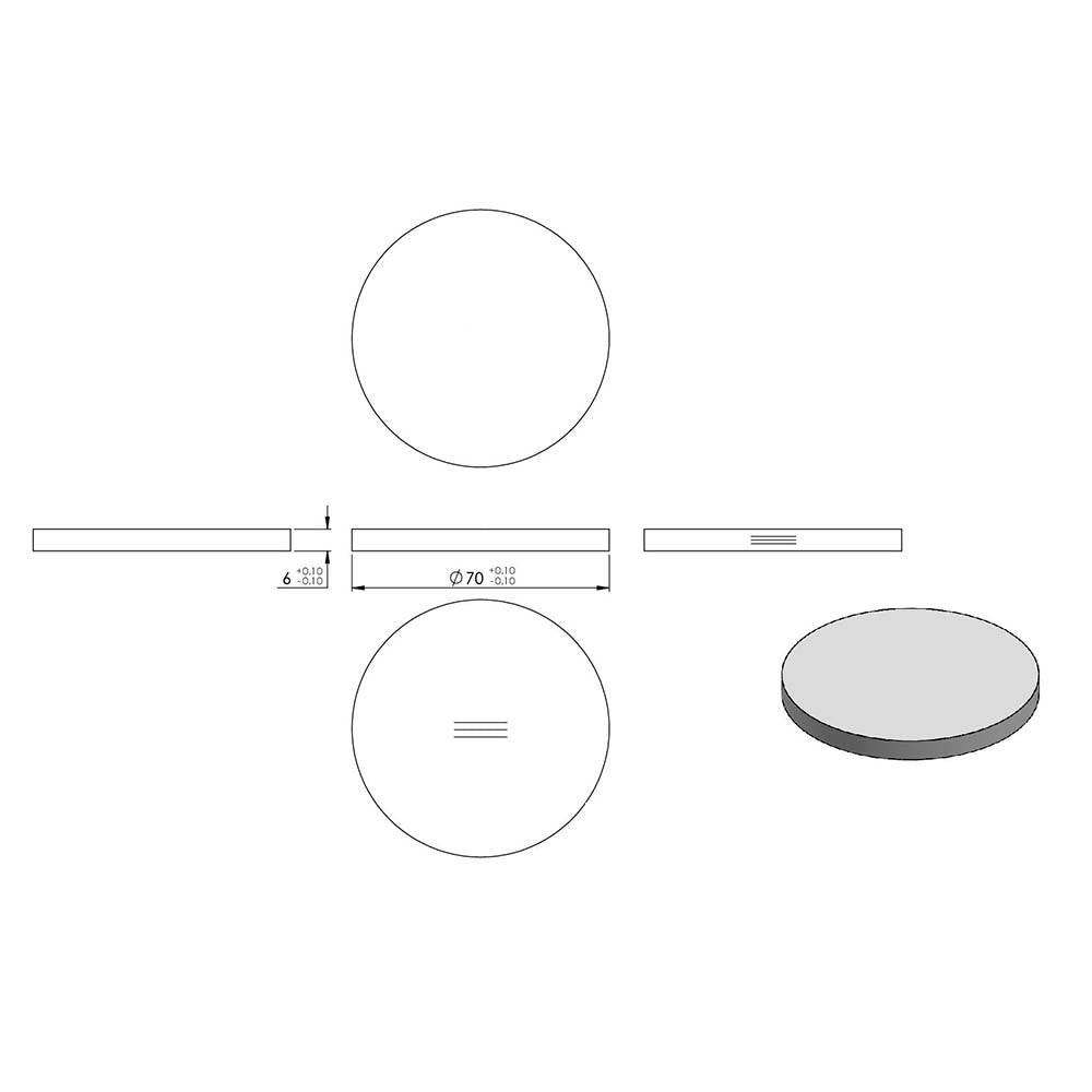 Ronde ø 70mm, Stärke 6mm, einseitig geschliffen, gelasert, mit Längsschliff