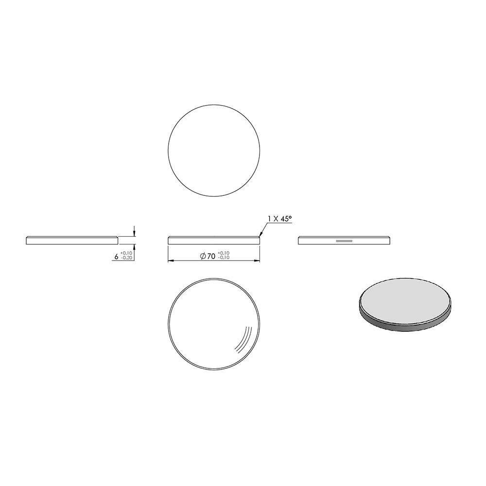 Ronde ø 70mm mit Fase, Stärke 6mm, einseitig geschliffen, mit Rundschliff