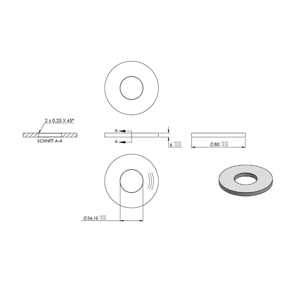 Ronde ø 80mm, Stärke 6mm, mit ø 34,1mm Mittelbohrung, einseitig geschliffen, mit Rundschliff