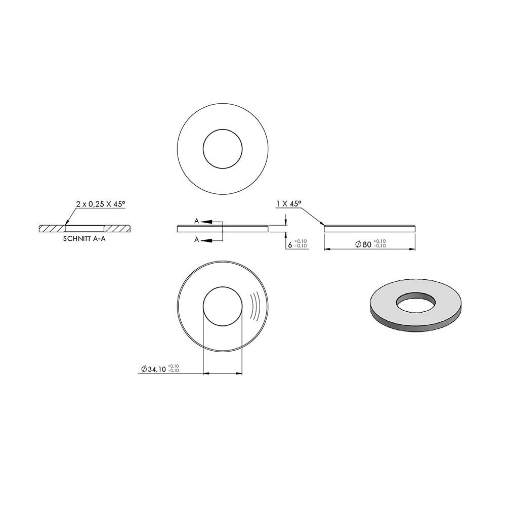 Ronde ø 80mm mit Fase, Stärke 6mm, mit ø 34,1mm Mittelbohrung, einseitig geschliffen, mit Rundschliff