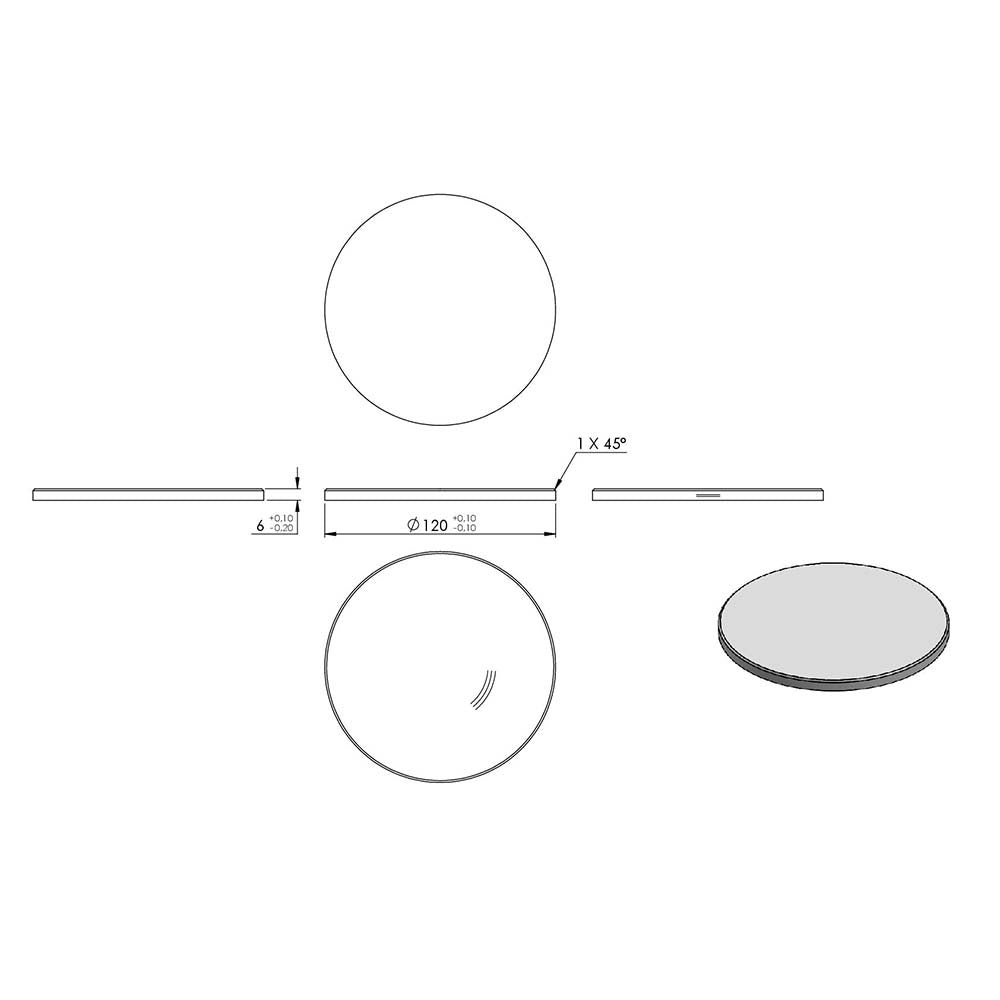 Ronde ø 120mm mit Fase, Stärke 6mm, einseitig geschliffen, mit Rundschliff