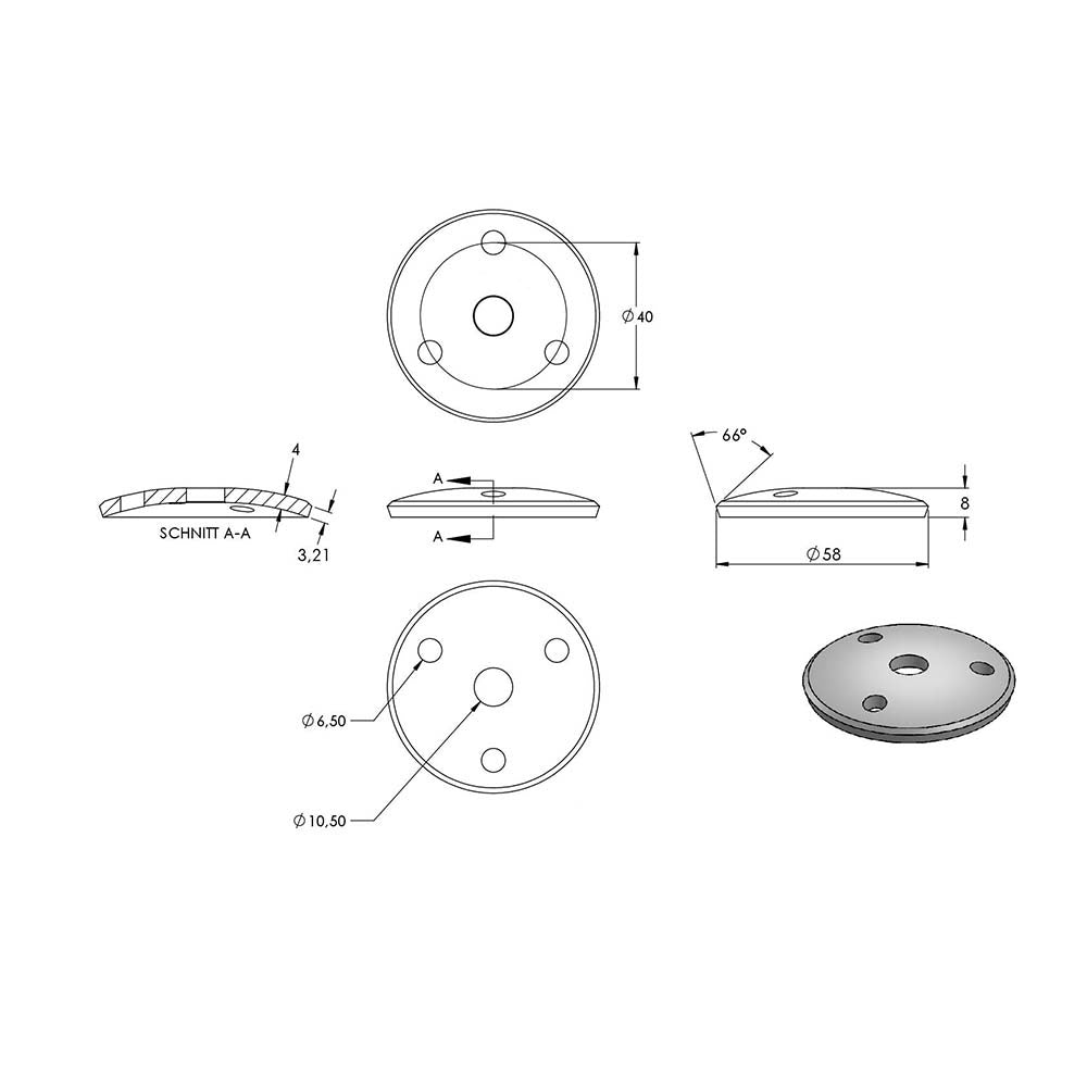 Ronde gewölbt ø 58mm, Stärke 4mm, mit drei ø 6,5mm Bohrungen und ø 10,5mm Zentrierbohrung