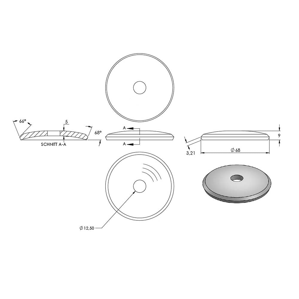 Ronde gewölbt ø 70mm, Stärke 5mm, mit ø 12,5mm Mittelbohrung, für ø 14mm Bügel