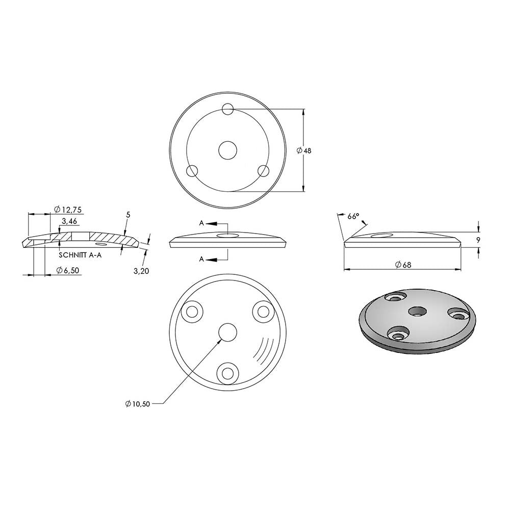 Ronde gewölbt ø 68mm, Stärke 5mm, mit drei flach gesenkten ø 6,5mm Bohrungen und ø 10mm Zentrierbohrung