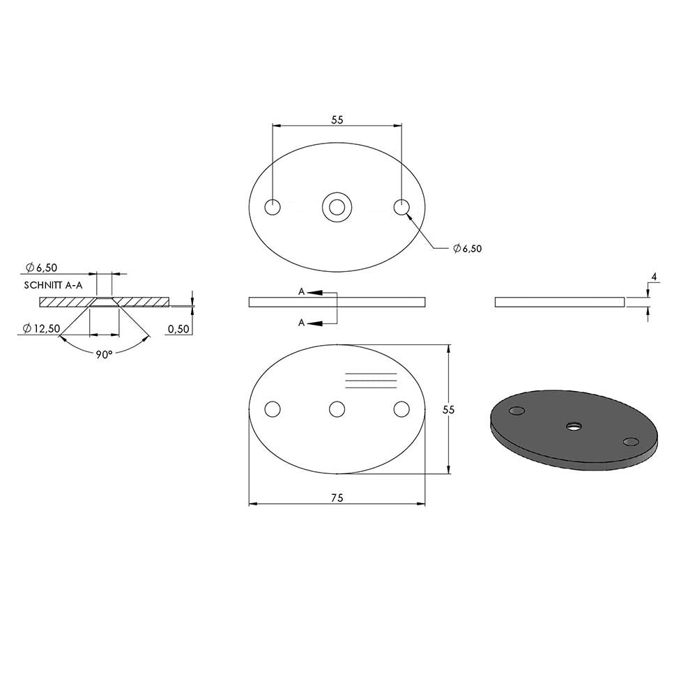 Ronde oval 70 x 55mm, Stärke 4mm, mit zwei ø6,5mm Bohrungen und ø 6,5mm Zentrierbohrung, mit Längsschliff