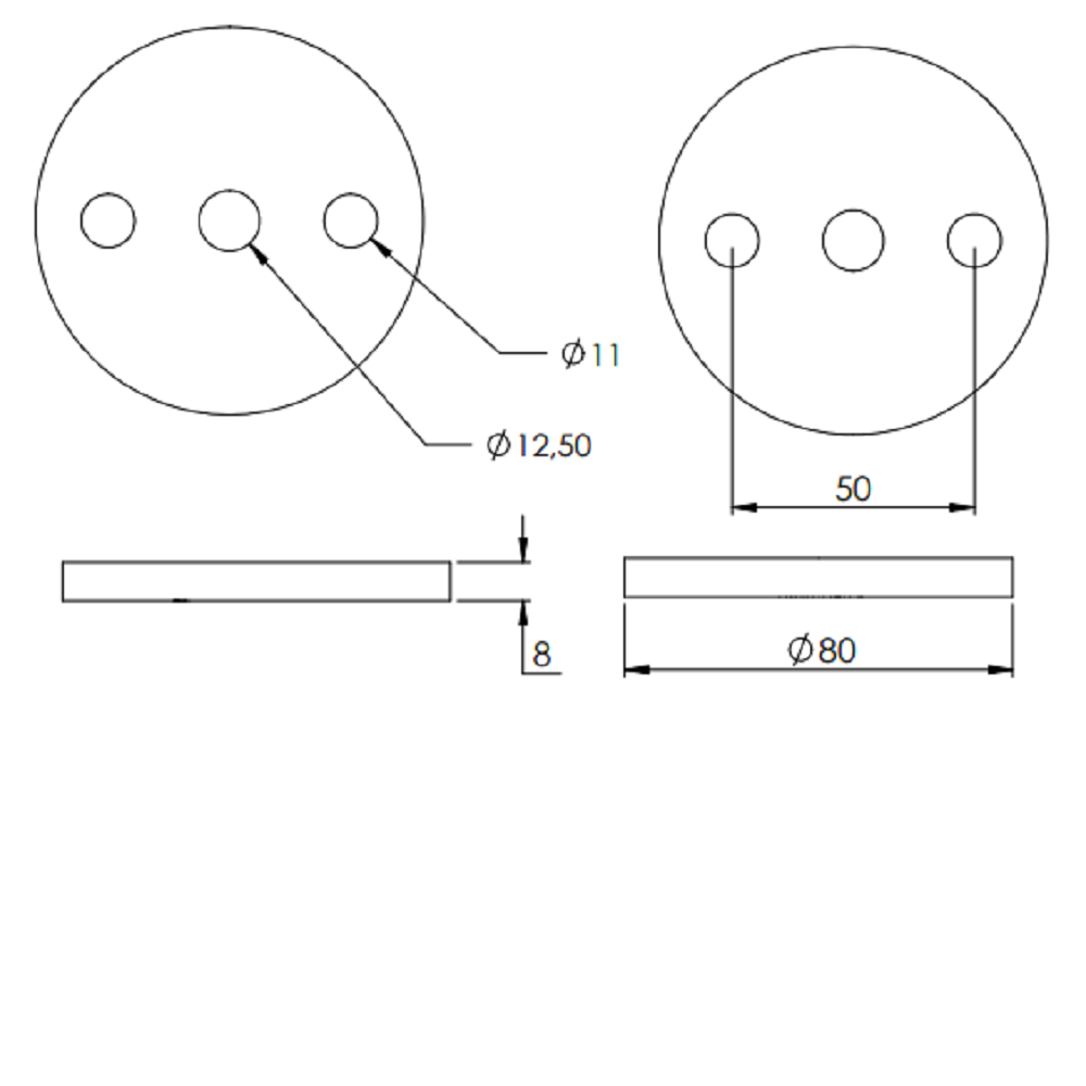 Ronde ø 80mm, Stärke 8mm, mit zwei ø 11mm Bohrungen und ø 12,5mm Mittelbohrung, Stahl roh