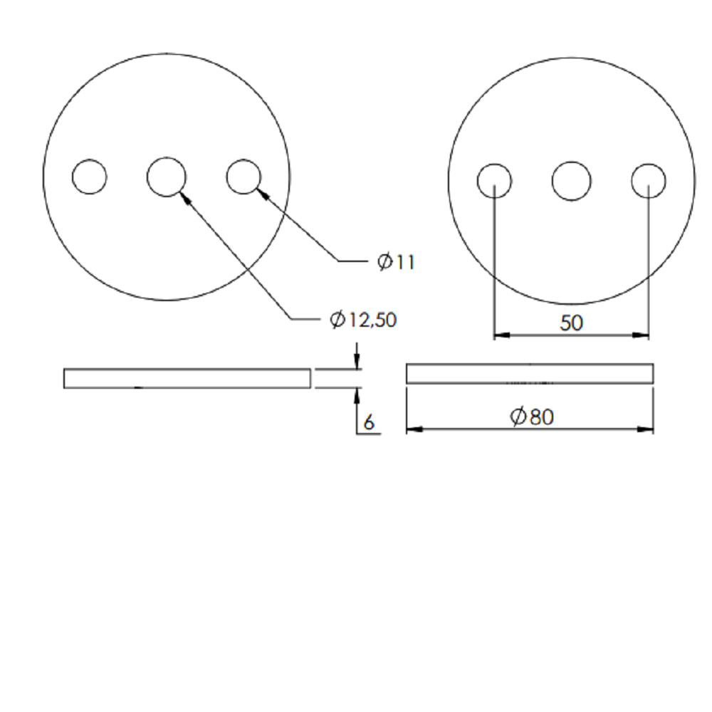Ronde ø 80mm, Stärke 6mm, mit zwei ø 11mm Bohrungen und ø 12,5mm Mittelbohrung, Stahl roh