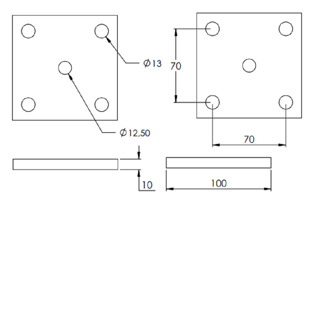 Ankerplatte 100 x 100mm, Stärke 10mm, mit vier ø 13mm Bohrungen und ø 12,5mm Mittelbohrung, gelasert, Stahl roh