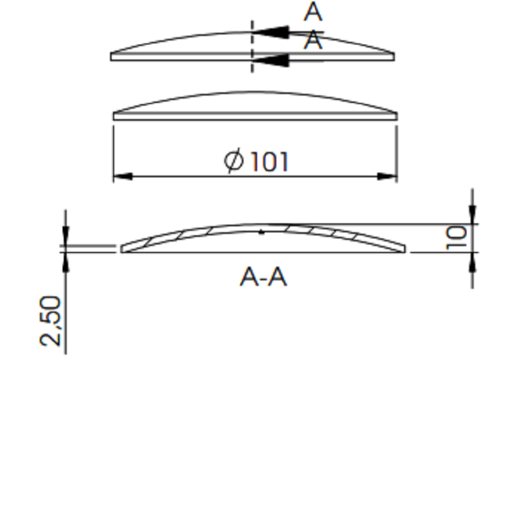 Gewölbte Schale ø 101mm, Stärke 2,5mm, zum Aufschweißen, Stahl roh
